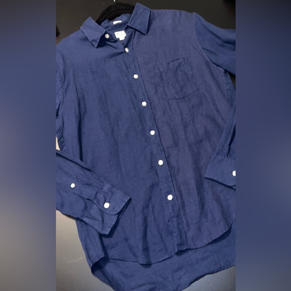J.Crew Slim Fit 100% Linen Navy Blue Button Down Top Size Medium EUC